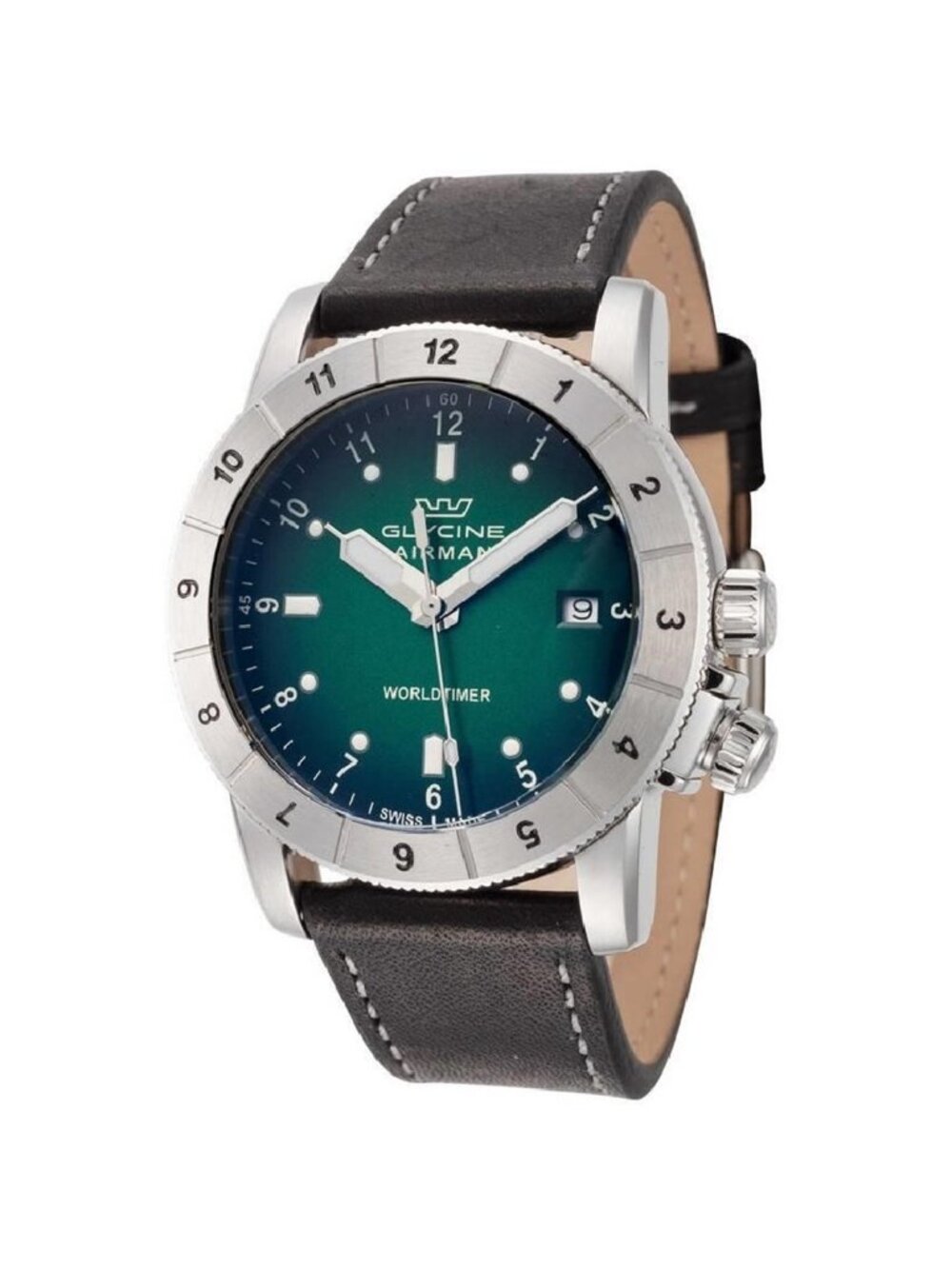 NWT Glycine Airman Contemporary Worldtimer Quartz Green Dial Men's Watch